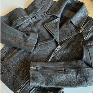 All Saints Black Leather Moto Jacket with Zip Detail